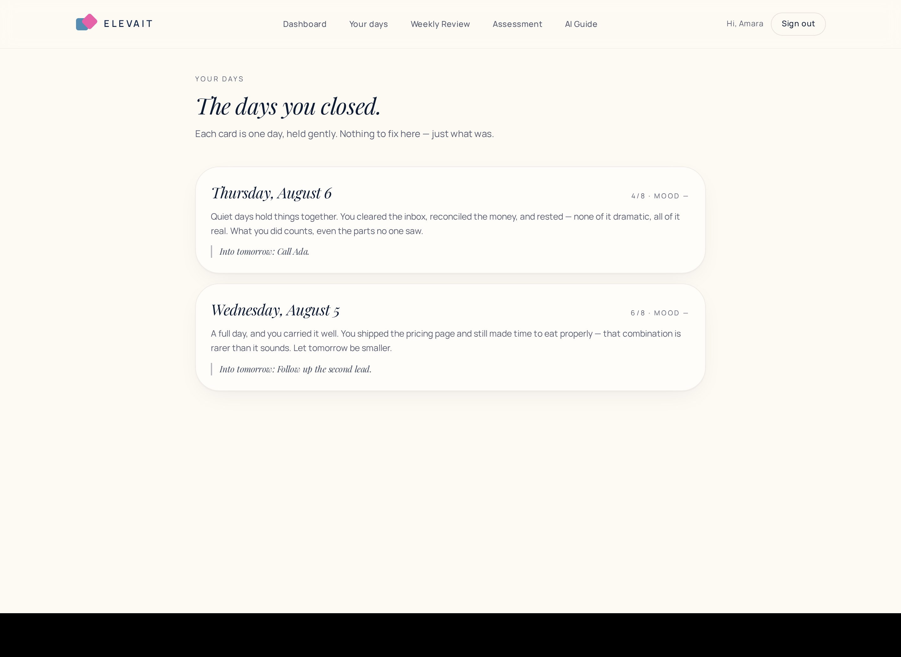 The Elevait day history showing closed day cards with a short written reflection for each day